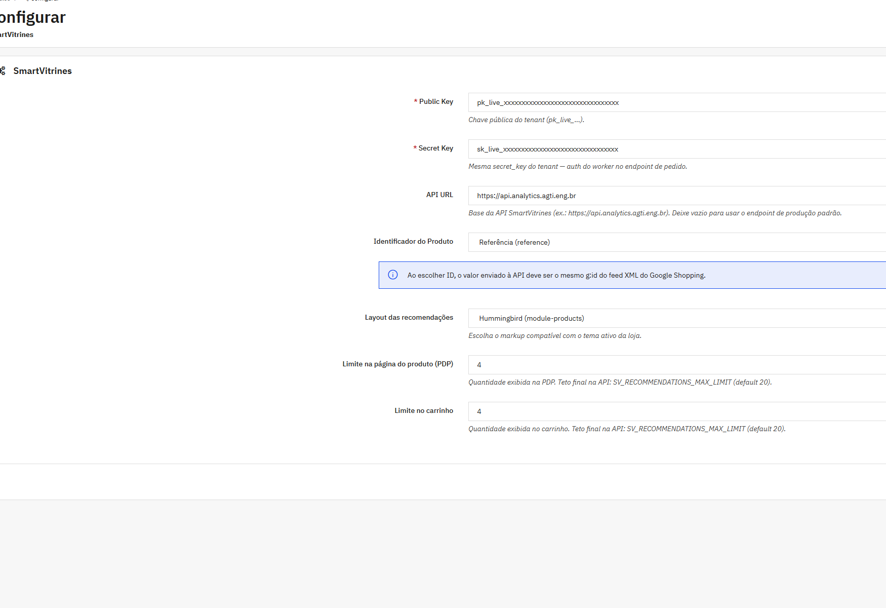 Layout, limites e demais campos da configuração